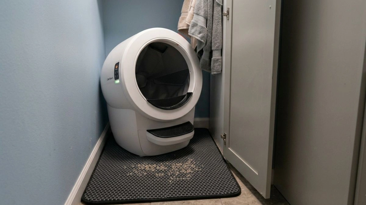 automatic litter box placed in a tight space with poor ventilation causing potential odor and tracking issues