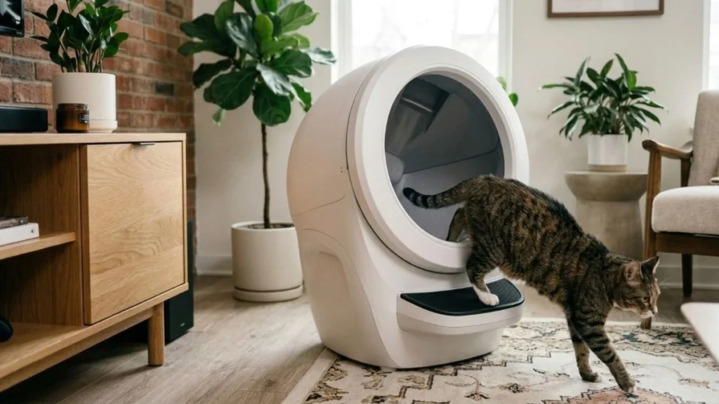 litter robot 4 automatic litter box with a cat exiting in a real home environment