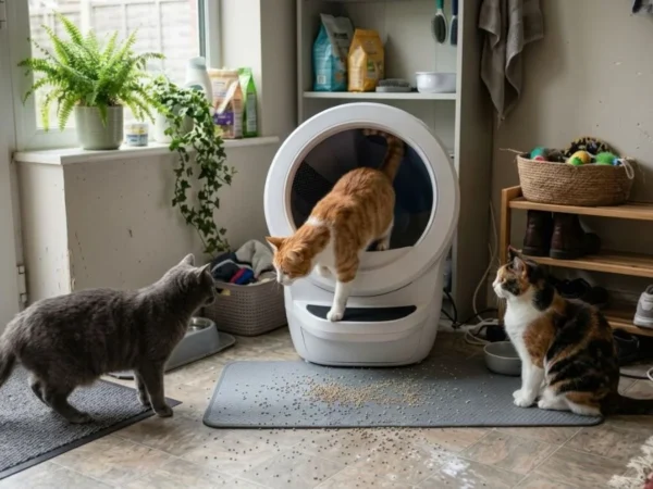 automatic litter box for multiple cats in real home showing litter tracking and daily use setup