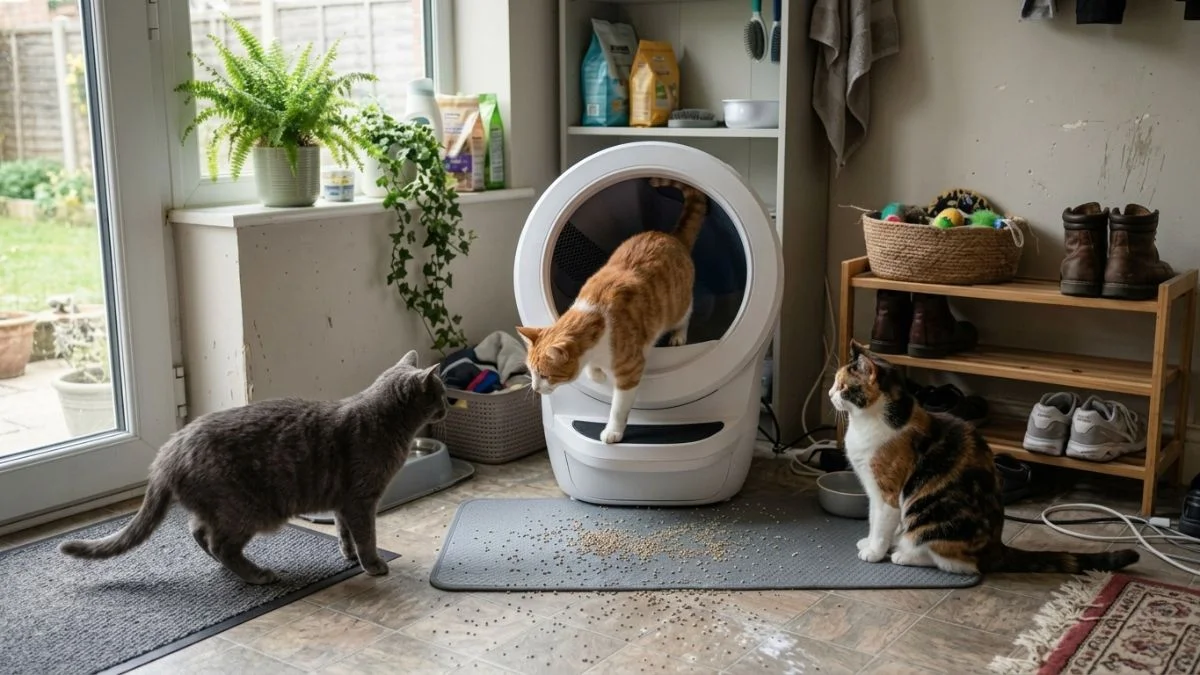 automatic litter box for multiple cats in real home showing litter tracking and daily use setup