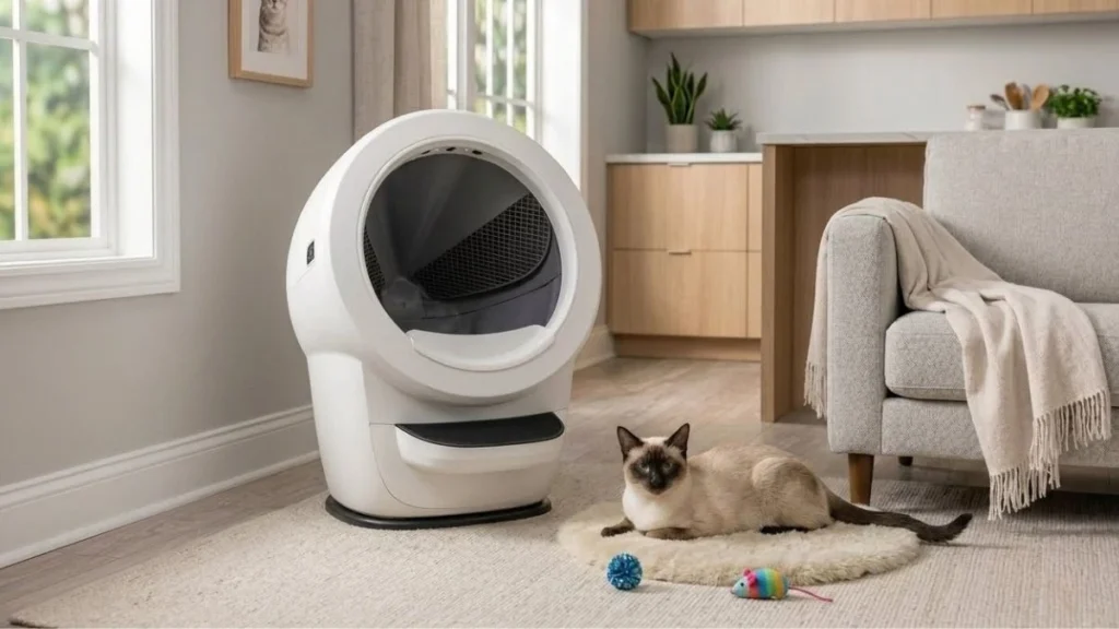 Modern automatic litter box in a clean apartment living room with a relaxed Siamese cat nearby