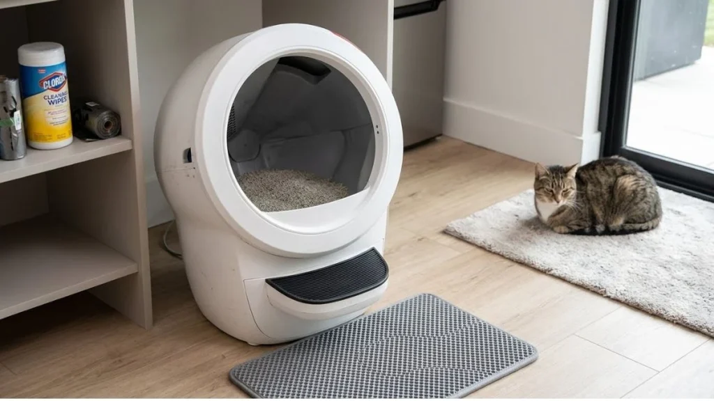 Litter-Robot 4 automatic litter box in a real home showing long-term use, maintenance, and daily ownership experience.