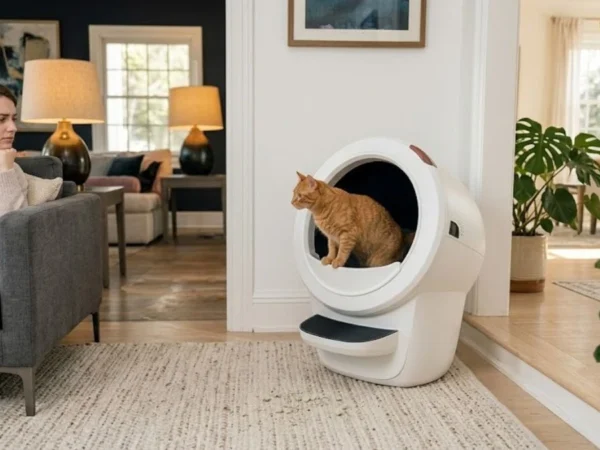 Concerned cat owner watching a cat use a Litter-Robot 4 automatic litter box in a modern home