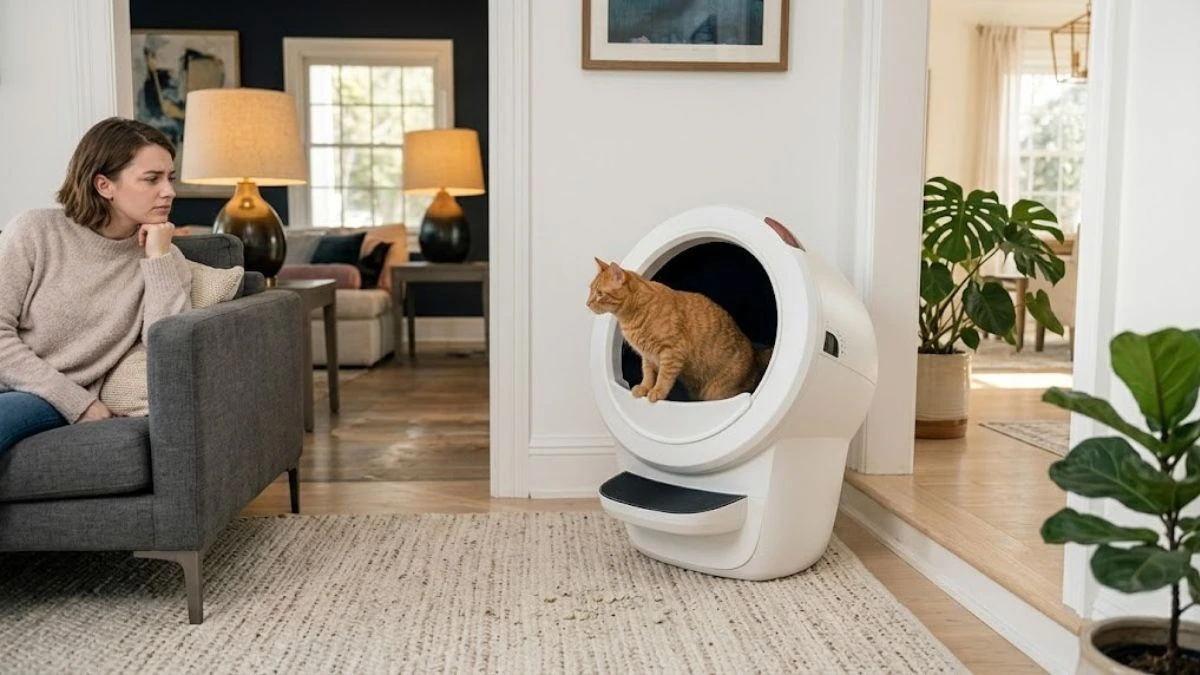 Concerned cat owner watching a cat use a Litter-Robot 4 automatic litter box in a modern home