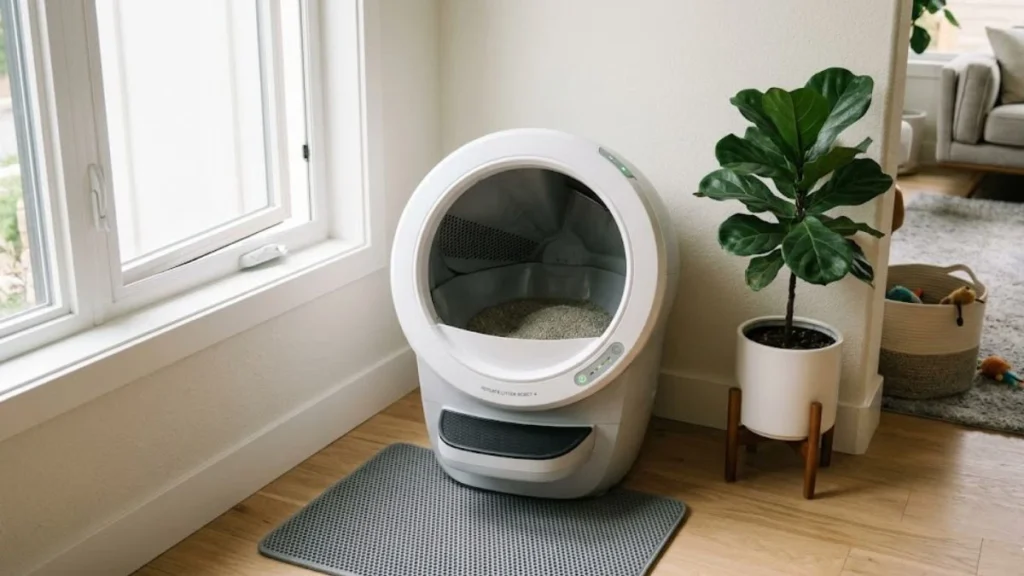 Automatic litter box placed near a ventilated window in a clean home environment to improve long-term performance and odor control.