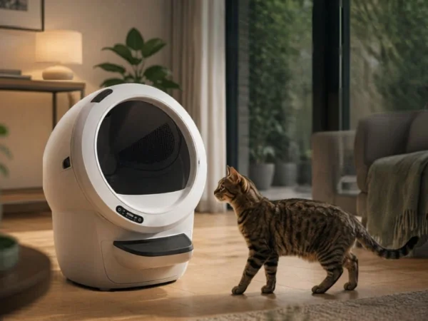 Modern automatic litter box in a cozy living room with a cat approaching