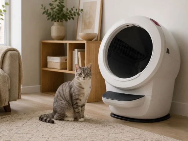 Modern automatic litter box near a wall in a cozy apartment with a calm gray tabby cat nearby