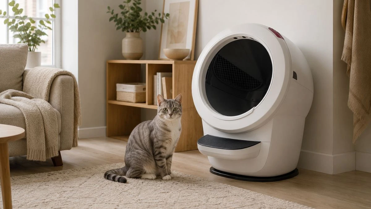 Modern automatic litter box near a wall in a cozy apartment with a calm gray tabby cat nearby