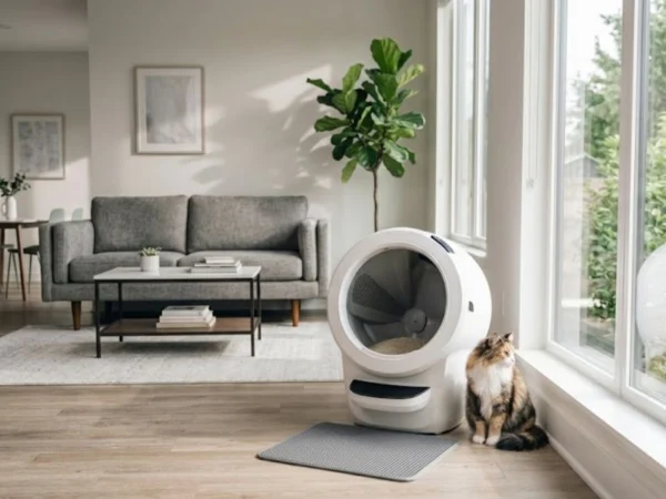 Real Litter-Robot 4 automatic litter box in a modern living room with a cat nearby