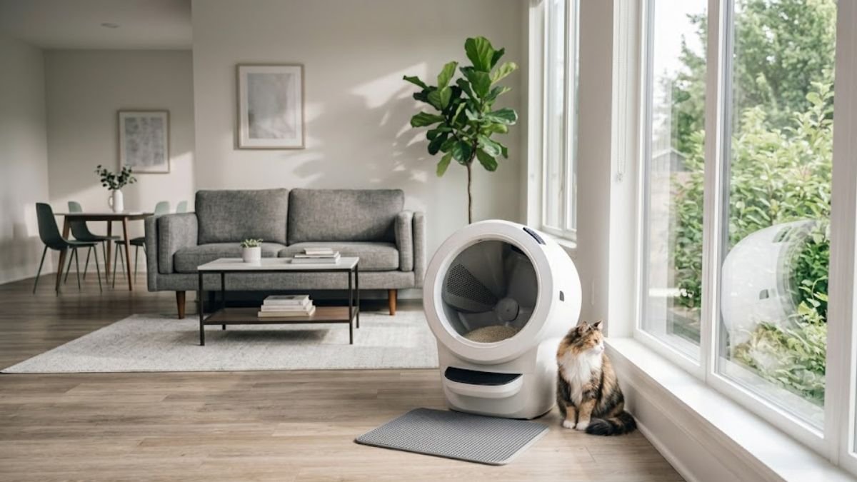 Real Litter-Robot 4 automatic litter box in a modern living room with a cat nearby