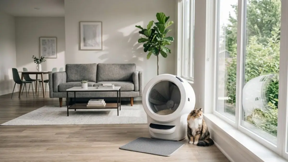 Real Litter-Robot 4 automatic litter box in a modern living room with a cat nearby