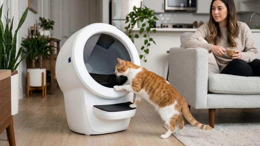 Cat exploring a modern automatic litter box while the owner watches nearby