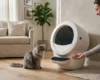 Cat owner introducing a shy cat to an automatic litter box using treats during the transition process in a quiet living room