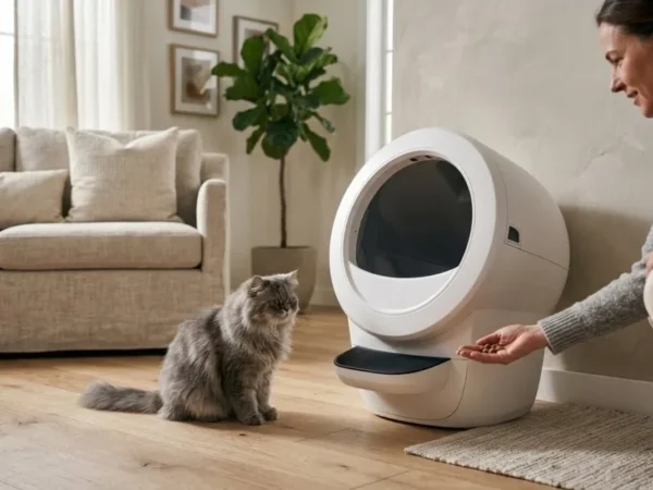 Cat owner introducing a shy cat to an automatic litter box using treats during the transition process in a quiet living room