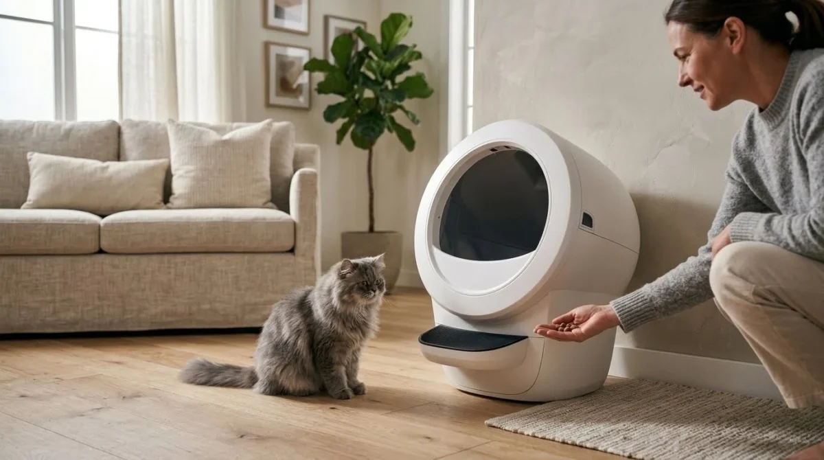 Cat owner introducing a shy cat to an automatic litter box using treats during the transition process in a quiet living room