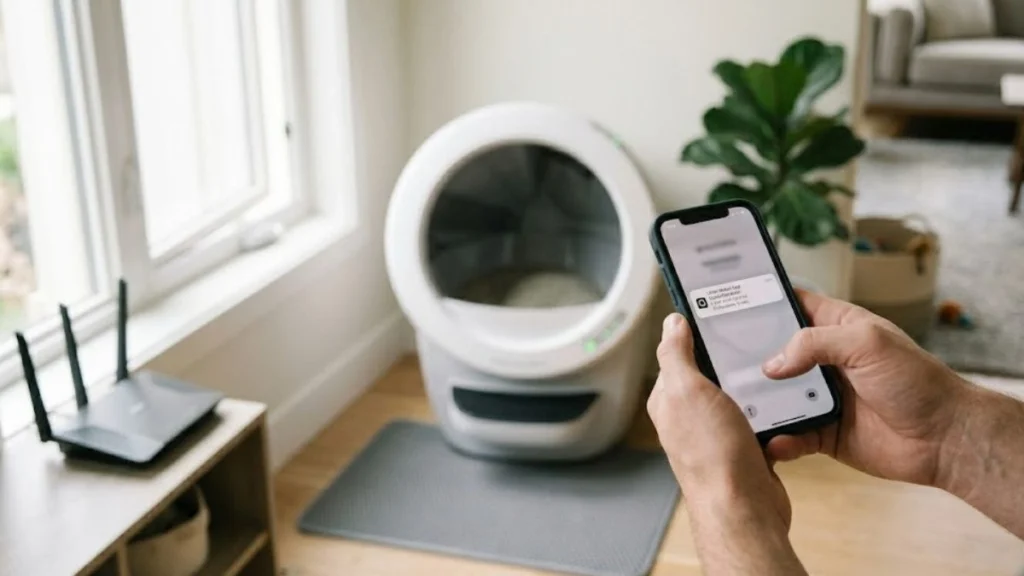 Person using smartphone app with a Litter-Robot 4 automatic litter box in the background showing smart connectivity features.