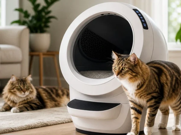 Two cats interacting with Litter-Robot 4 automatic litter box in a modern home