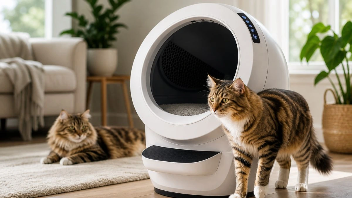 Two cats interacting with Litter-Robot 4 automatic litter box in a modern home