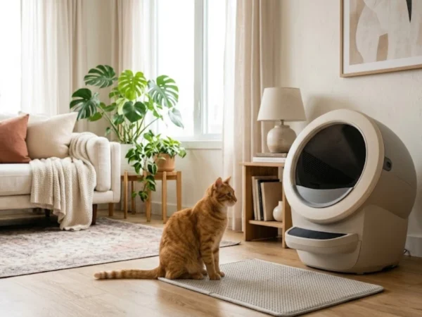 Modern automatic litter box inside a quiet apartment with an orange tabby cat showing a low-noise self-cleaning litter box setup.