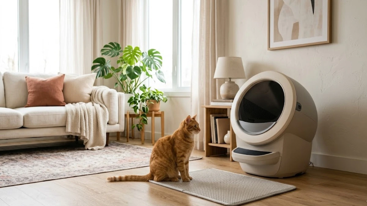 Are Automatic Litter Boxes Too Noisy? What Most Cat Owners Donโt Expect (2026) 1 Modern automatic litter box inside a quiet apartment with an orange tabby cat showing a low-noise self-cleaning litter box setup.