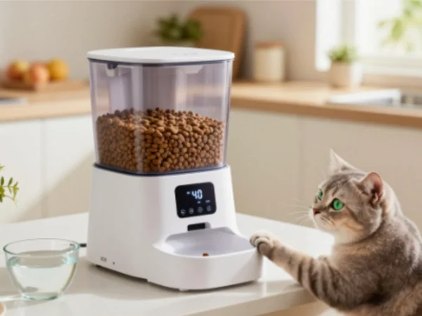 Best automatic cat feeder for busy owners with cat using a smart feeder in a modern kitchen
