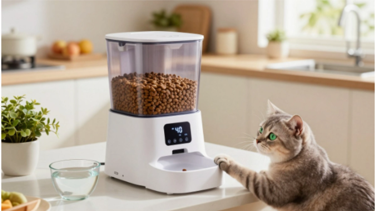Best Automatic Cat Feeders for Busy Owners (2026): 3 Reliable Picks Worth Considering 1 Best automatic cat feeder for busy owners with cat using a smart feeder in a modern kitchen