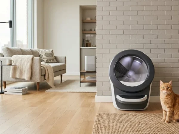 Best automatic litter box for odor control in a modern apartment with a cat sitting beside the self-cleaning litter box