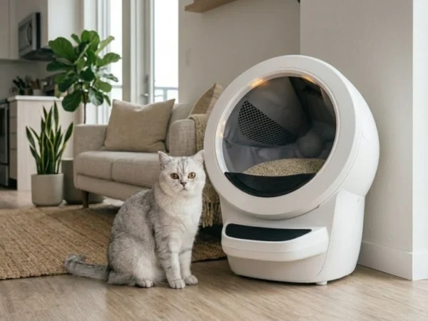 Litter-Robot 4 automatic litter box in a modern small apartment with a British Shorthair cat
