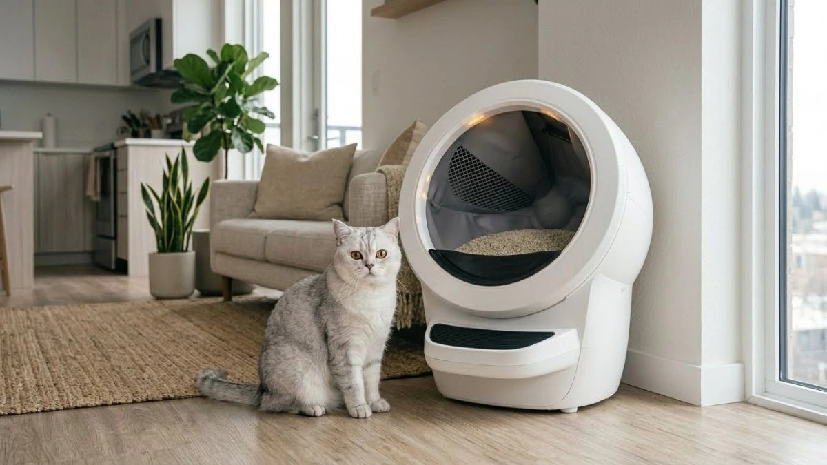 Litter-Robot 4 automatic litter box in a modern small apartment with a British Shorthair cat